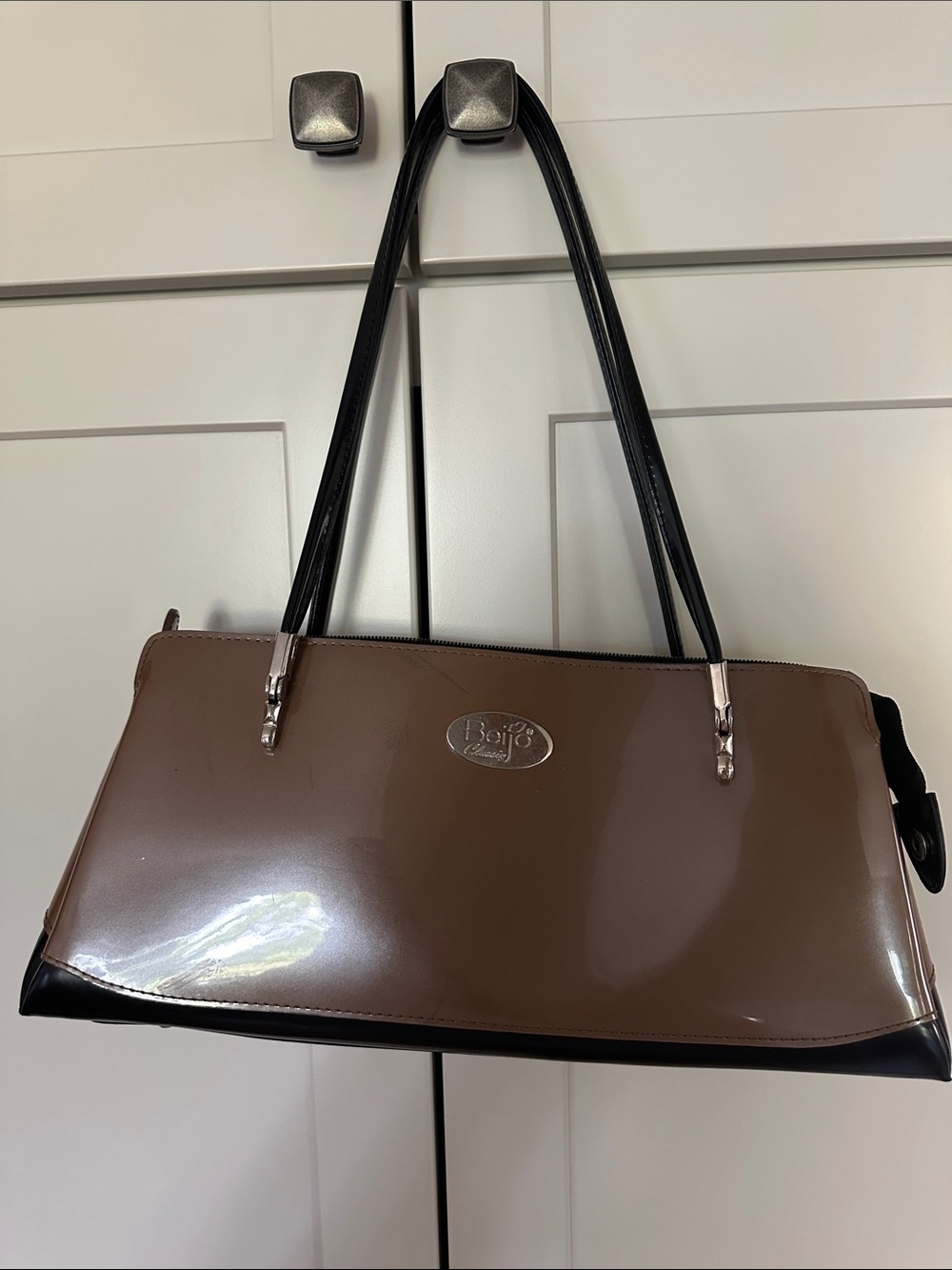 Beijo Glossy Taupe Patent Shoulder Bag with Black Handles
